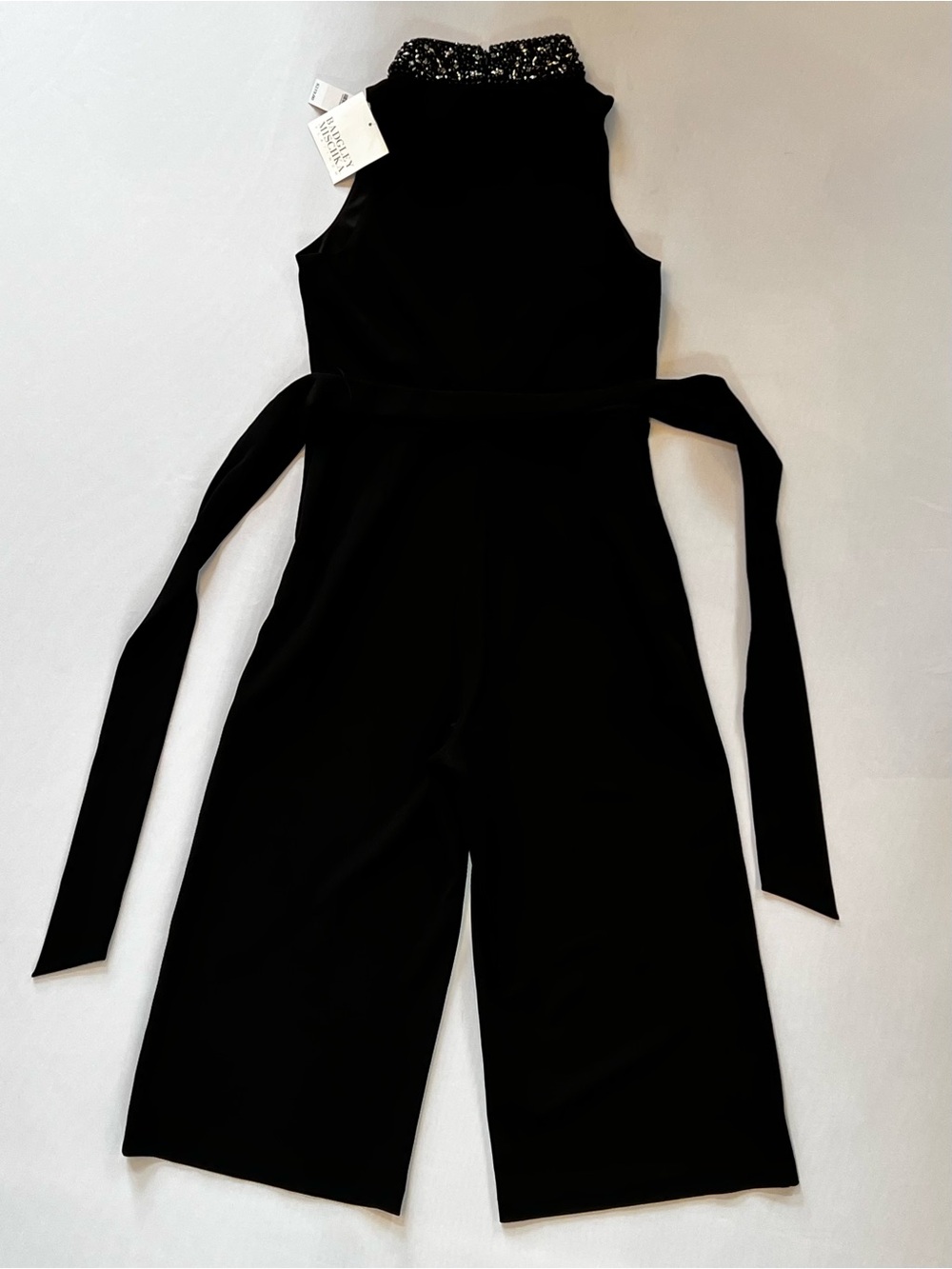 Badgley Mischka Black Beaded Halter Jumpsuit with Waist Sash (NEW) - Picture 9 of 16